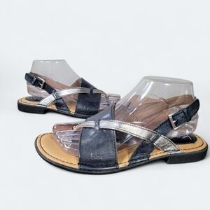 b.o.c. Black and Silver Leather Women's Sandals Size 7 Metallic Casual Comfy